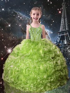 Custom Design Ball Gowns Kids Formal Wear Olive Green Straps Organza Sleeveless Floor Length Lace Up