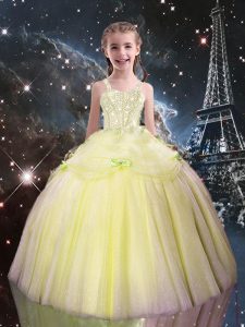 Tulle Straps Sleeveless Lace Up Beading Pageant Gowns For Girls in Light Yellow