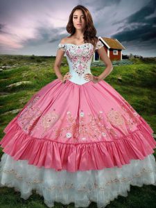 High Class Off The Shoulder Sleeveless Lace Up Quinceanera Gowns Hot Pink Taffeta