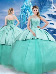 Sleeveless Beading and Ruching Lace Up Sweet 16 Dress with Turquoise Brush Train
