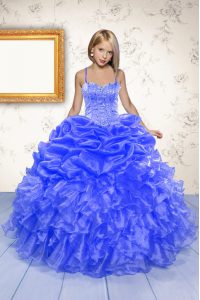 Dramatic Blue Organza Lace Up Little Girls Pageant Dress Sleeveless Floor Length Beading and Ruffles and Pick Ups