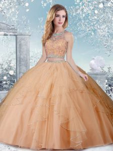 Decent Tulle Scoop Sleeveless Clasp Handle Beading Sweet 16 Dresses in Champagne