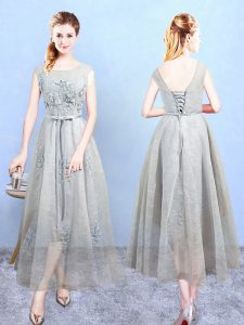 Custom Made Empire Damas Dress Grey Scoop Tulle Sleeveless Ankle Length Lace Up