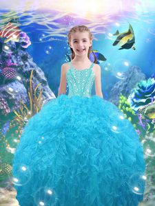 Aqua Blue Lace Up Straps Beading and Ruffles Kids Pageant Dress Organza Sleeveless