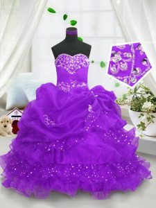 Unique Purple Sweetheart Neckline Beading and Ruffled Layers and Pick Ups Little Girls Pageant Dress Sleeveless Lace Up