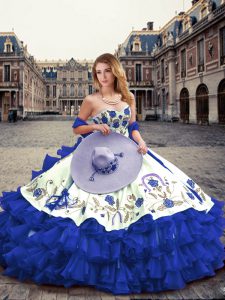 Deluxe Floor Length Royal Blue 15th Birthday Dress Sweetheart Sleeveless Lace Up