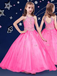 Hot Pink Halter Top Neckline Beading Little Girl Pageant Gowns Sleeveless Zipper
