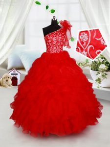 Gorgeous One Shoulder Red Ball Gowns Beading and Ruffles and Hand Made Flower Little Girl Pageant Gowns Lace Up Organza Sleeveless Floor Length
