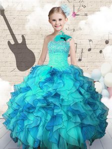 Low Price Aqua Blue One Shoulder Lace Up Beading and Ruffles Little Girls Pageant Dress Wholesale Sleeveless