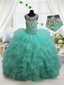 High Class Ruffled Scoop Sleeveless Lace Up Little Girls Pageant Gowns Turquoise Organza