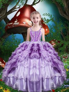Custom Made Sleeveless Organza Floor Length Lace Up Little Girls Pageant Dress in Lavender with Beading and Ruffles and Ruffled Layers