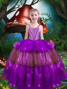 Eggplant Purple Lace Up Straps Beading and Ruffled Layers Little Girls Pageant Dress Organza Sleeveless