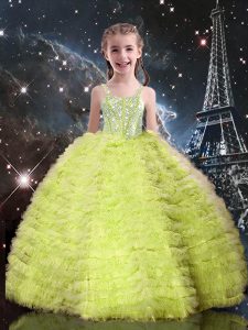 Yellow Green Ball Gowns Tulle Straps Sleeveless Beading and Ruffled Layers Floor Length Lace Up Pageant Gowns For Girls