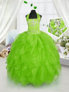 Halter Top Organza Lace Up Little Girls Pageant Dress Sleeveless Floor Length Beading and Ruffles