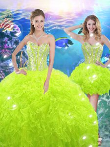 Glittering Yellow Green Lace Up Sweetheart Beading and Ruffles Ball Gown Prom Dress Organza Sleeveless