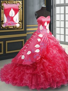 Coral Red Lace Up Sweetheart Embroidery and Ruffled Layers 15th Birthday Dress Organza Sleeveless Brush Train