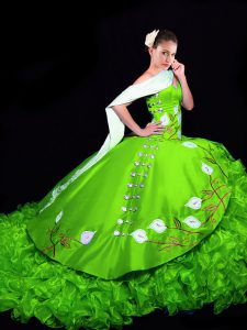 Attractive Organza Lace Up 15th Birthday Dress Sleeveless Brush Train Embroidery and Ruffles
