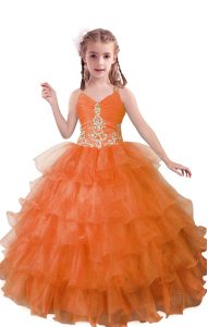 Floor Length Orange Red Little Girls Pageant Dress Organza Sleeveless Beading and Ruffled Layers
