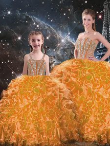 Best Orange Ball Gowns Beading and Ruffles Quinceanera Gowns Lace Up Organza Sleeveless Floor Length
