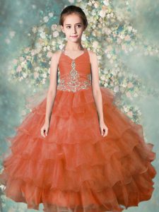 Halter Top Sleeveless Organza Floor Length Zipper Girls Pageant Dresses in Orange with Beading and Ruffled Layers