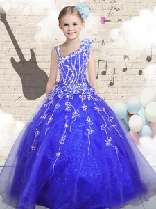 Classical Blue Ball Gowns Asymmetric Sleeveless Organza Floor Length Lace Up Beading and Appliques and Hand Made Flower Little Girl Pageant Dress