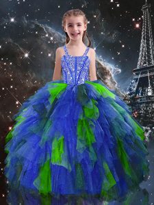 New Style Blue Lace Up Straps Beading and Ruffles Pageant Gowns For Girls Tulle Sleeveless