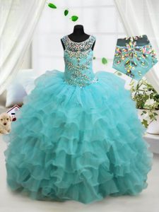Stunning Aqua Blue Scoop Neckline Beading and Ruffled Layers Little Girls Pageant Dress Sleeveless Lace Up