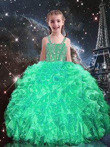 Floor Length Apple Green Pageant Gowns For Girls Organza Sleeveless Beading and Ruffles