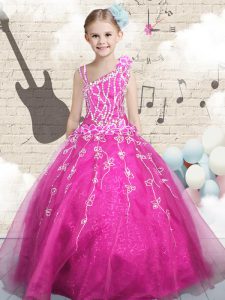 Wonderful Hot Pink Sleeveless Floor Length Beading Lace Up Kids Formal Wear