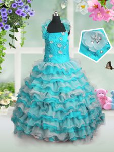 Great Blue And White Organza Lace Up Little Girls Pageant Gowns Sleeveless Floor Length Beading and Appliques and Ruffled Layers