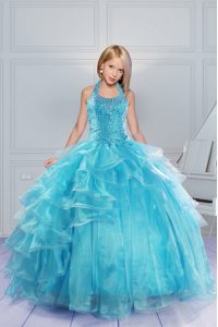 Halter Top Sleeveless Lace Up Child Pageant Dress Aqua Blue Organza