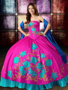 Custom Fit Multi-color Strapless Lace Up Embroidery Quince Ball Gowns Sleeveless