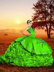 Brush Train Ball Gowns Quince Ball Gowns Green Sweetheart Organza Sleeveless Lace Up