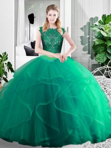 Scoop Sleeveless Tulle Sweet 16 Dresses Lace and Ruffles Zipper