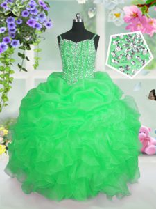 Organza Lace Up Girls Pageant Dresses Sleeveless Floor Length Beading and Ruffles and Pick Ups