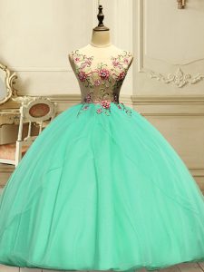 Enchanting Apple Green Ball Gowns Organza Scoop Sleeveless Appliques Floor Length Lace Up Sweet 16 Dress