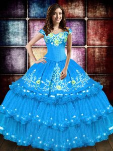 Baby Blue Sweet 16 Quinceanera Dress Military Ball and Sweet 16 and Quinceanera with Embroidery and Ruffled Layers Off The Shoulder Sleeveless Lace Up
