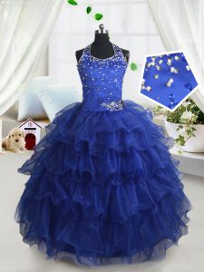 Cute Halter Top Royal Blue Lace Up Child Pageant Dress Beading and Ruffled Layers Sleeveless Floor Length