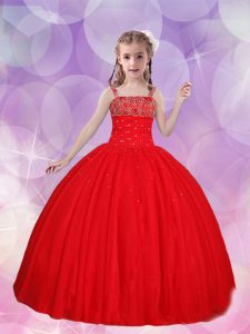 Luxurious Red Straps Neckline Beading Little Girl Pageant Dress Sleeveless Lace Up