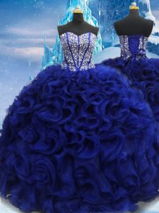 Royal Blue Ball Gowns Beading Sweet 16 Dress Lace Up Fabric With Rolling Flowers Sleeveless Floor Length