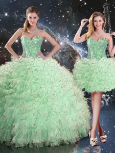 Floor Length Apple Green 15th Birthday Dress Organza Sleeveless Beading and Ruffles