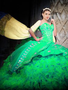 Fantastic Green Lace Up Quinceanera Dresses Embroidery and Ruffles Sleeveless With Brush Train