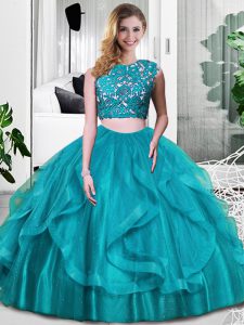 Simple Teal Sleeveless Floor Length Lace and Embroidery and Ruffles Zipper Quinceanera Dress