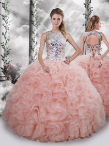 Super Baby Pink Ball Gowns Organza Scoop Sleeveless Beading and Ruffles Floor Length Lace Up Sweet 16 Quinceanera Dress