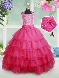 Hot Pink Ball Gowns Organza Halter Top Sleeveless Beading and Ruffled Layers and Bowknot Floor Length Zipper Little Girl Pageant Gowns