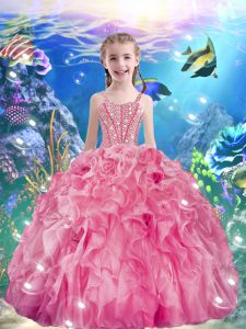 Rose Pink Lace Up Straps Beading and Ruffles Kids Formal Wear Organza Sleeveless