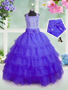 Ruffled Floor Length Purple Pageant Gowns For Girls Square Sleeveless Zipper