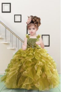 Yellow Green Kids Formal Wear Military Ball and Sweet 16 and Quinceanera with Beading and Ruffles Straps Sleeveless Lace Up