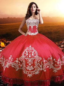 Traditional Coral Red Sleeveless Taffeta Lace Up Quinceanera Gown for Military Ball and Sweet 16 and Quinceanera
