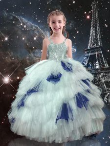 Fantastic White Ball Gowns Tulle Straps Sleeveless Beading and Ruffled Layers Floor Length Lace Up Kids Pageant Dress